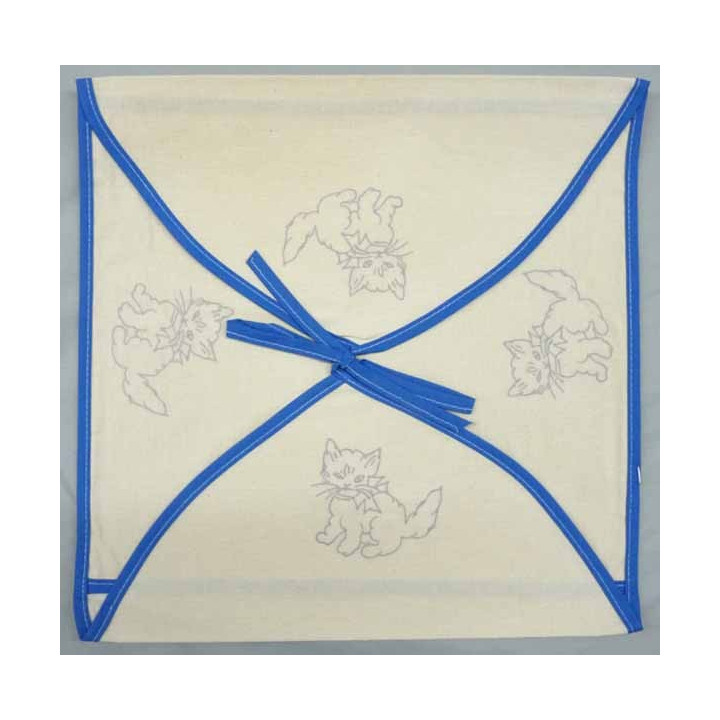 enveloppe coussin à broder toile écru coton motifs chats biais bleu