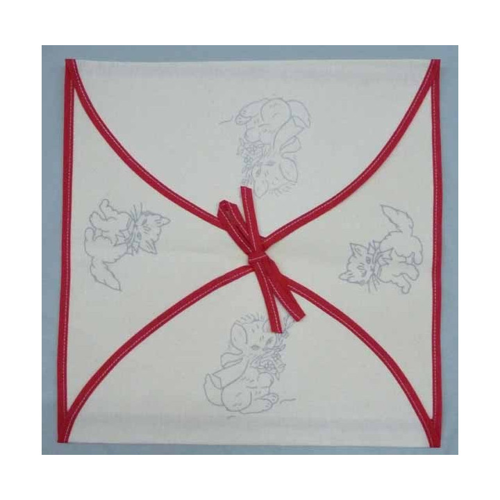 enveloppe coussin à broder toile écru coton motifs chats biais rouge