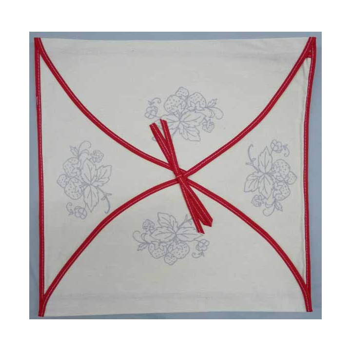 enveloppe coussin à broder toile écru coton motifs fraises biais rouge