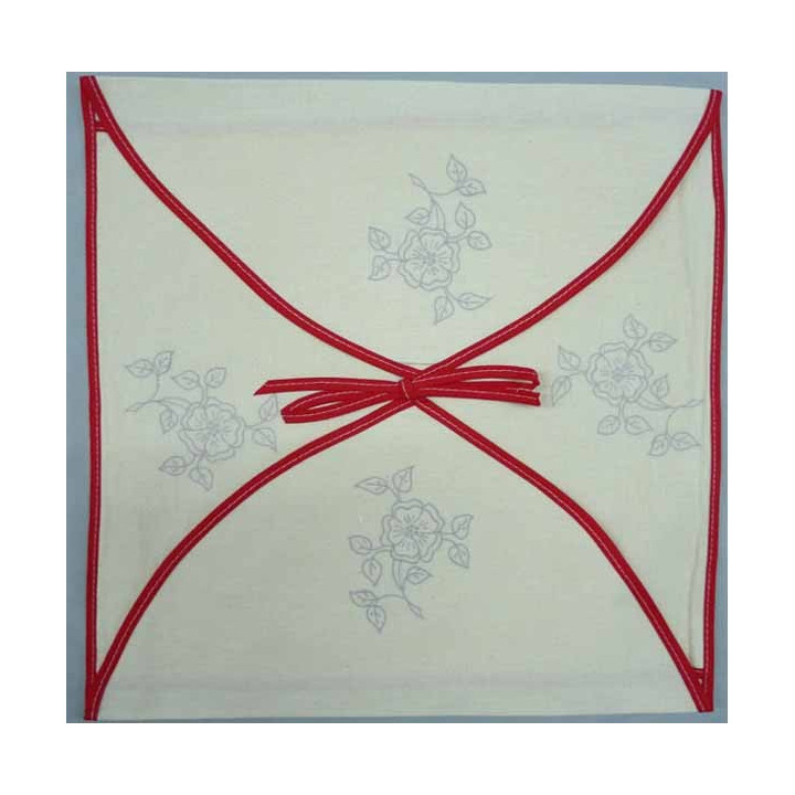 enveloppe coussin à broder toile écru coton motifs fleurs biais rouge