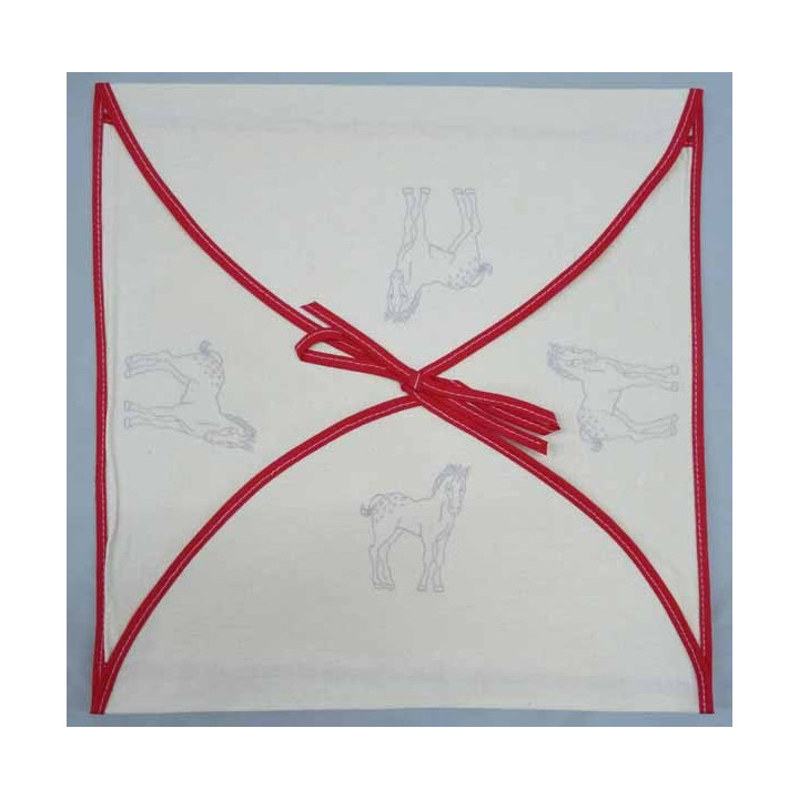 enveloppe coussin à broder toile écru coton motifs chevaux biais rouge