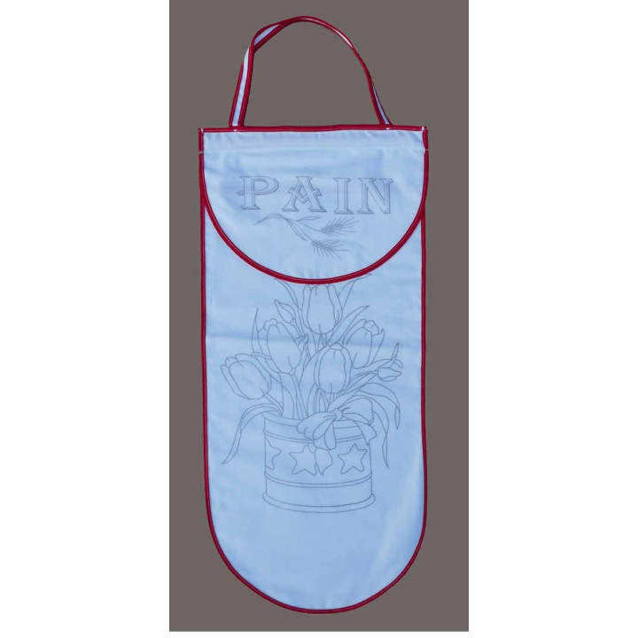 sac à pain à broder toile coton blanc motif fleurs biais rouge