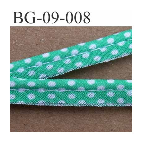 biais galon ruban passe poil en coton couleur vert et à poids blanc avec cordon coton très solide largeur 9 mm vendu au mètre