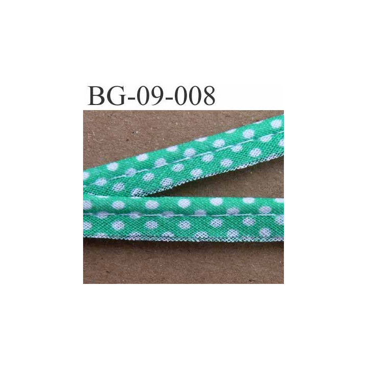 biais galon ruban passe poil en coton couleur vert et à poids blanc avec cordon coton très solide largeur 9 mm vendu au mètre