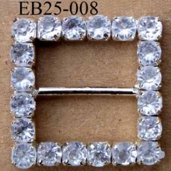 Boucle étrier carré en métal et plastique chromé argenté 2.5 cm par 2.5 cm passage intérieur 16 mm avec strass façon diamant