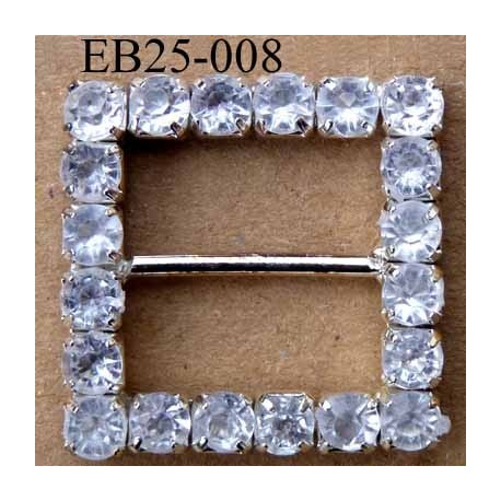 Boucle étrier carré en métal et plastique chromé argenté 2.5 cm par 2.5 cm passage intérieur 16 mm avec strass façon diament