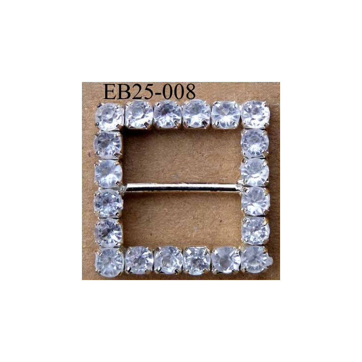 Boucle étrier carré en métal et plastique chromé argenté 2.5 cm par 2.5 cm passage intérieur 16 mm avec strass façon diamant