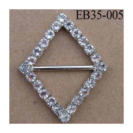 Boucle étrier losange en métal chromé argenté largeur 3.5 cm hauteur 4.5 cm passage intérieur 22 mm avec strass façon diamant