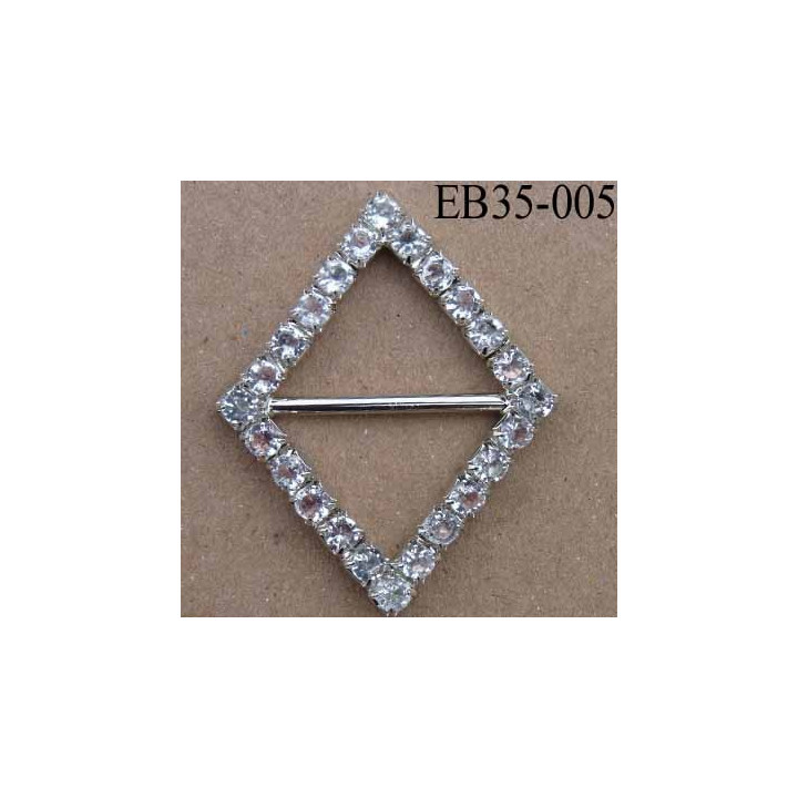 Boucle étrier losange en métal chromé argenté largeur 3.5 cm hauteur 4.5 cm passage intérieur 22 mm avec strass façon diamant