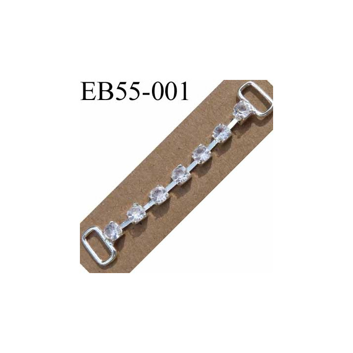 Boucle étrier brandebourg en métal chromé argenté largeur 5 cm hauteur 10 mm passage intérieur 7 mm avec strass façon diamant