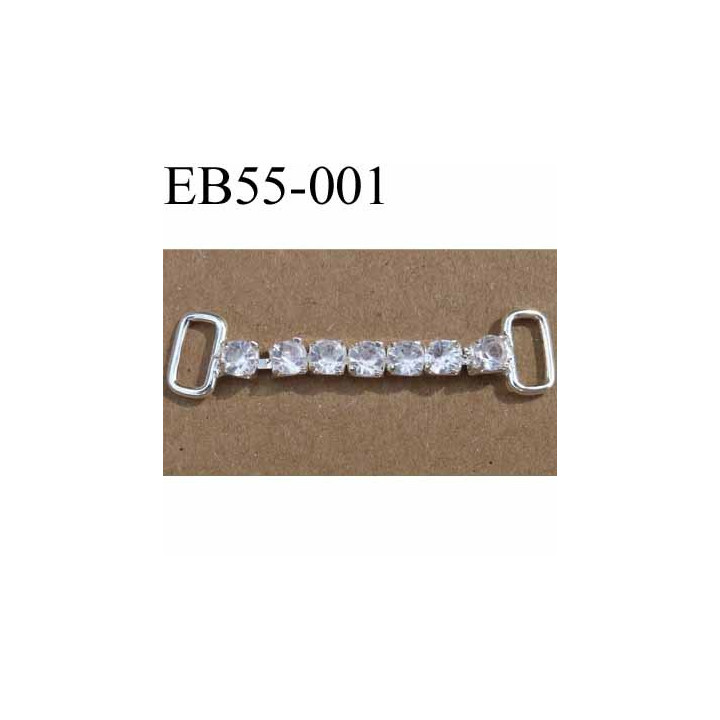 Boucle étrier brandebourg en métal chromé argenté largeur 5 cm hauteur 10 mm passage intérieur 7 mm avec strass façon diamant