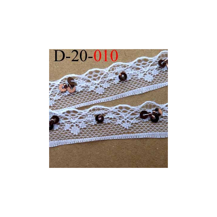 dentelle synthétique couleur blanc avec paillettes sequin couleur cuivré 20 mm prix au mètre