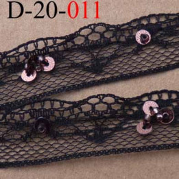 dentelle synthétique couleur noir avec paillettes sequin couleur cuivré  largeur 20 mm prix au mètre