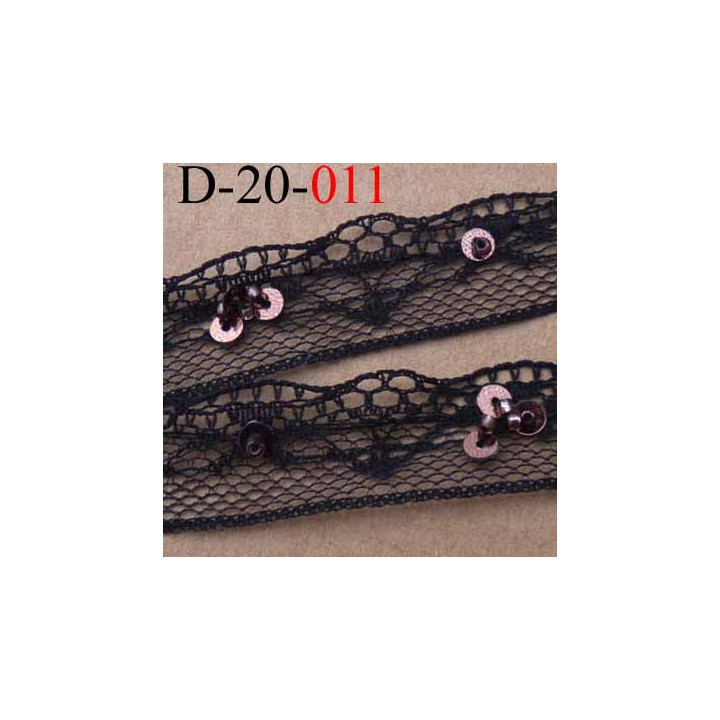 dentelle synthétique couleur noir avec paillettes sequin couleur cuivré  largeur 20 mm prix au mètre