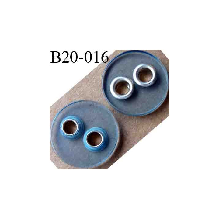 bouton 20 mm couleur bleu transparent 2 trous sertis de métal  diamètre 20 mm