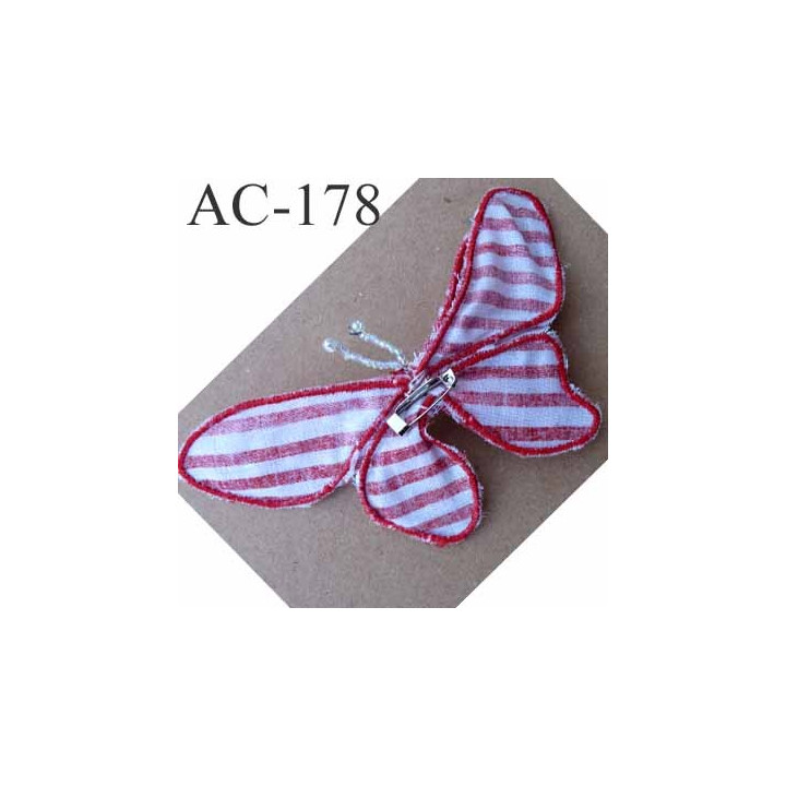 broche PAPILLON en tissu et perles couleur rouge armature fil de fer