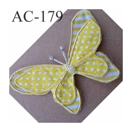 broche PAPILLON en tissu et perles couleur jaune armature fil de fer 