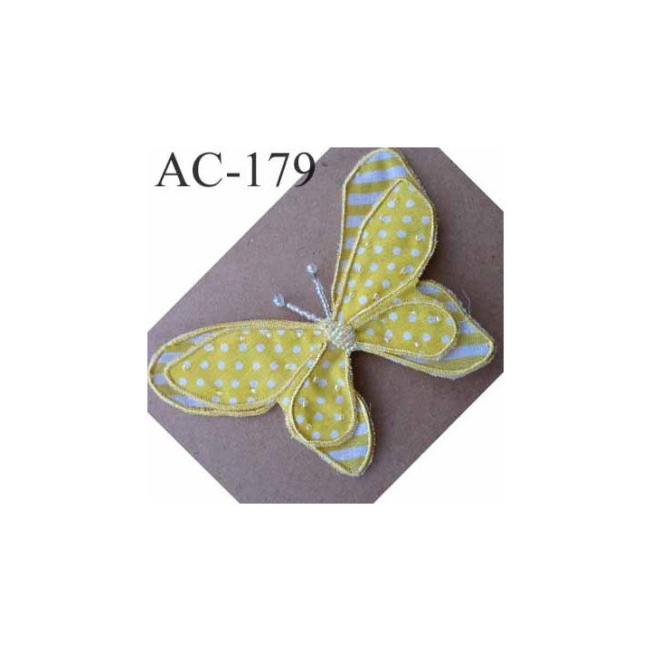 broche PAPILLON en tissu et perles couleur jaune armature fil de fer 