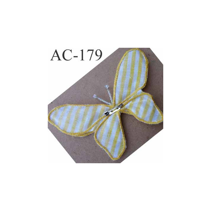 broche PAPILLON en tissu et perles couleur jaune armature fil de fer 