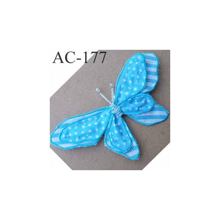 broche PAPILLON en tissu et perles couleur bleu armature fil de fer 