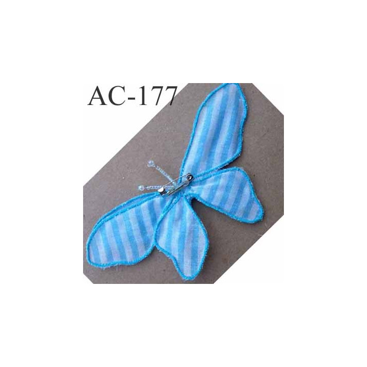 broche PAPILLON en tissu et perles couleur bleu armature fil de fer 