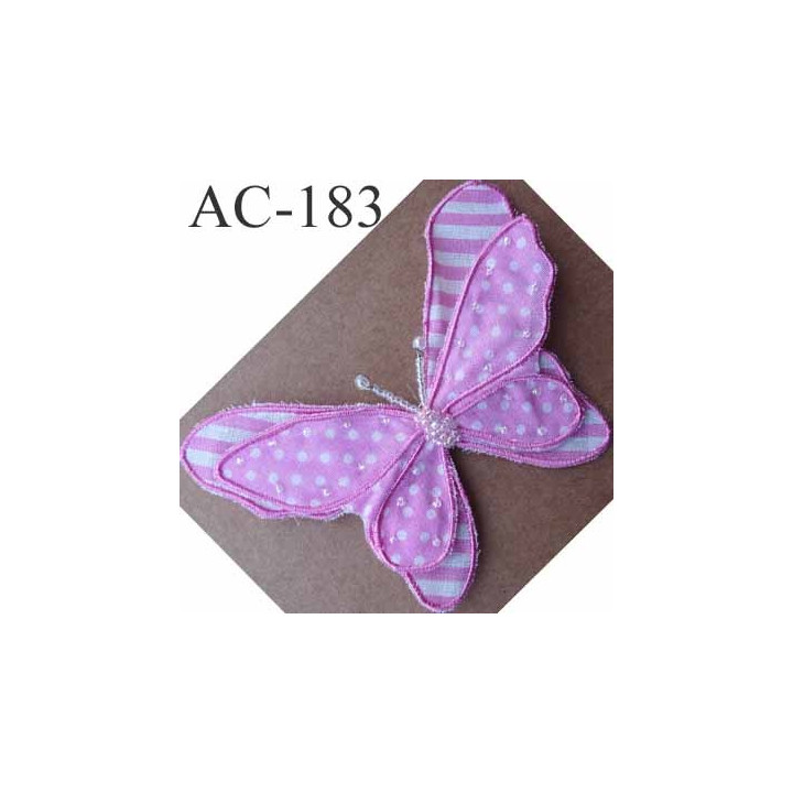broche PAPILLON en tissu et perles couleur rose armature fil de fer 