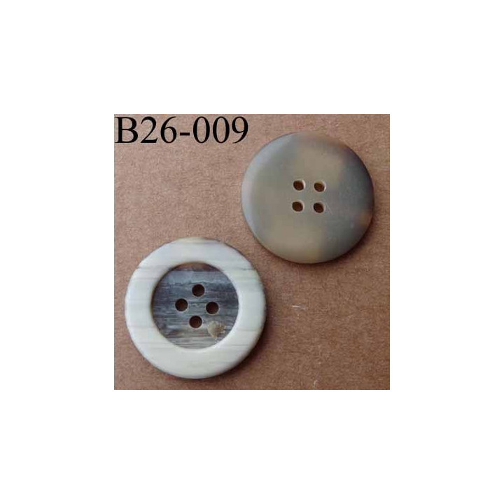 bouton 26 mm  couleur marron beige écru marbré  (effet corne) 4 trous diamètre 26 millimètres