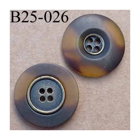 bouton 25 mm style ancien métal au centre et pvc couleur marron marbré translucide 4 trous 