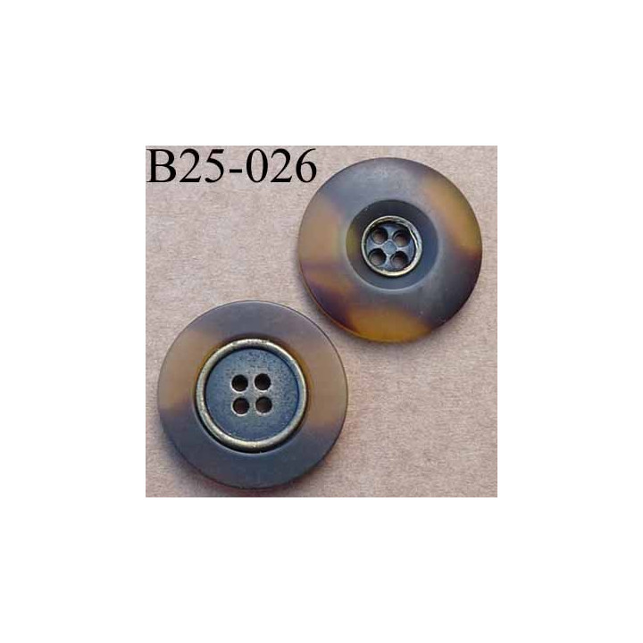 bouton 25 mm style ancien métal au centre et pvc couleur marron marbré translucide 4  trous 