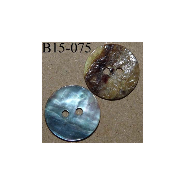 bouton nacré 15 mm couleur  brun 2 trous diamètre 15 millimètres