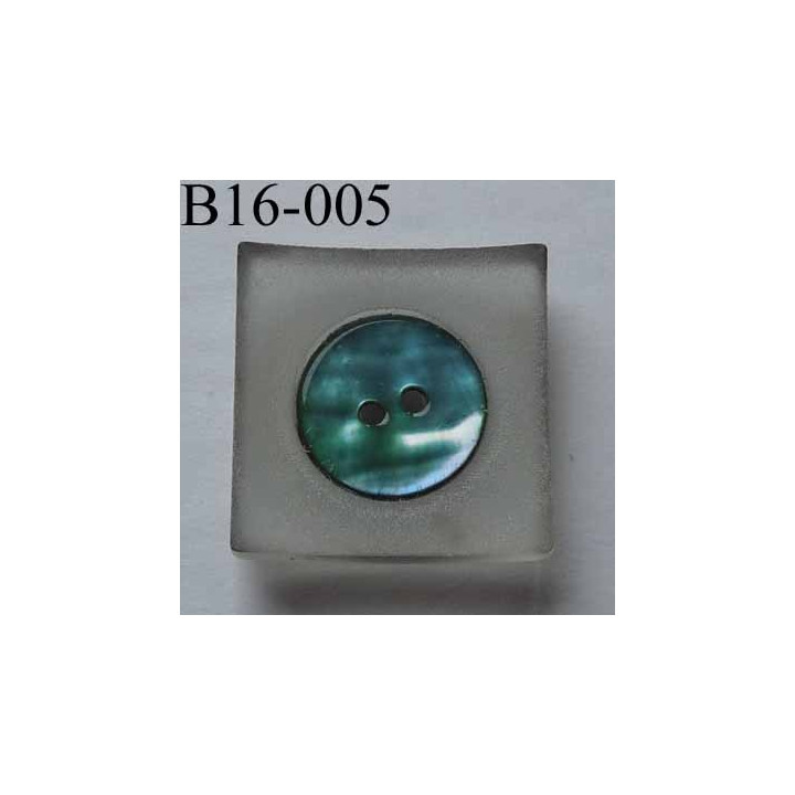  bouton carré diamètre 16 mm en nacre et résine couleur bleu 2 trous diamètre 16 mm
