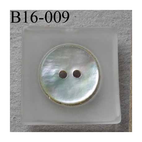  bouton carré diamètre 16 mm en nacre et résine couleur blanc 2 trous diamètre 16 mm
