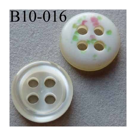 bouton diamètre 10 mm couleur nacre dos blanc moucheté vert et rose superbe 4 trous diamètre 10 mm