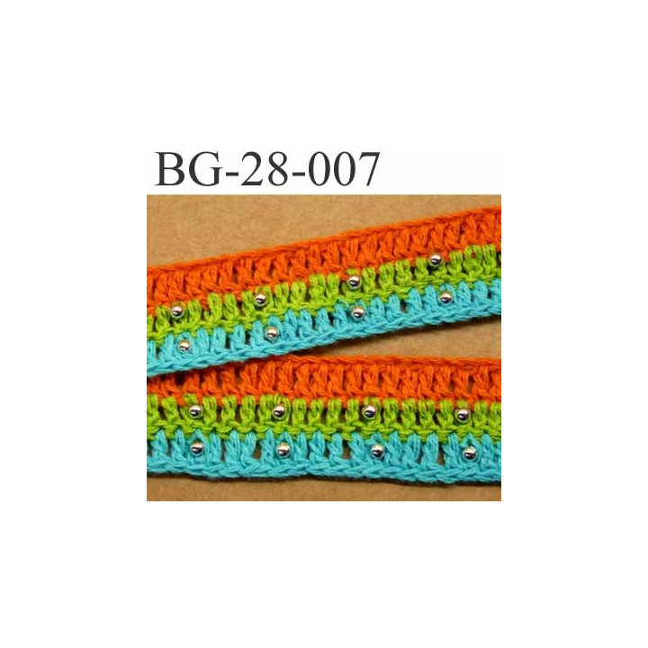 gallon ruban maille largeur 28 mm couleur orange vert bleu turquoise et perles couleur chromé prix au mètre