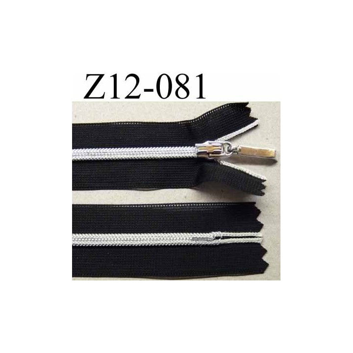 fermeture zip à glissière invisible longueur 12 cm largeur 2.5 cm couleur noir et glissière et curseur argenté non séparable 