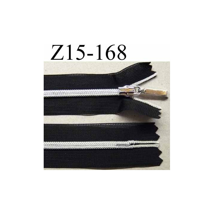 fermeture zip à glissière invisible longueur 15 cm largeur 2.5 cm couleur noir et glissière et curseur argenté non séparable