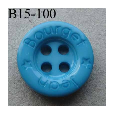 bouton diamètre 15 mm 4 trous couleur turquoise inscription JEAN BOURGET diamètre 15 mm