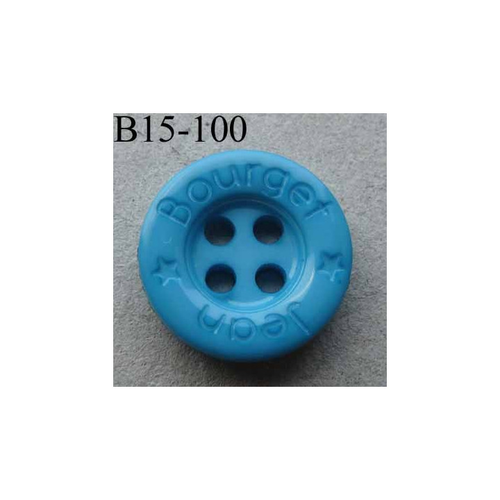 bouton diamètre 15 mm 4 trous couleur turquoise inscription JEAN BOURGET diamètre 15 mm