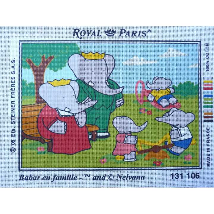 canevas 30X40 marque ROYAL PARIS thème babar en famille dimension 30 centimètres par 40 centimètres 100 % coton