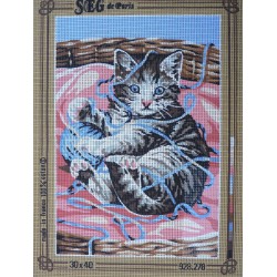 canevas 30x40 marque SEG DE PARIS thème le chat el la pelotte dimension 30 centimètres par 40 centimètres 100 % coton