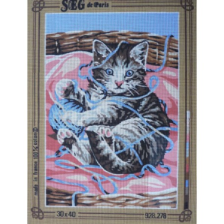 canevas 30x40 marque SEG DE PARIS thème le chat el la pelotte dimension 30 centimètres par 40 centimètres 100 % coton