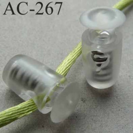 arrêt cordon stop cordon rond transparent de taille 18 mm x 8 mm  vendu à l'unité pour passage de cordon ou d'élastique 3 mm max