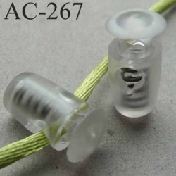 arrêt cordon stop cordon rond transparent de taille 18 mm x 8 mm vendu à l'unité pour passage de cordon ou d'élastique 3 mm max