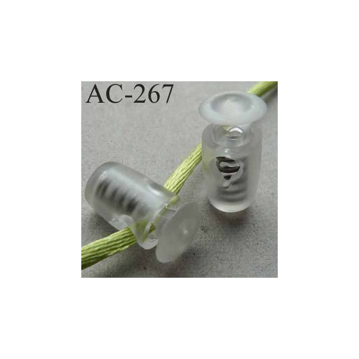 arrêt cordon stop cordon rond transparent de taille 18 mm x 8 mm  vendu à l'unité pour passage de cordon ou d'élastique 3 mm max
