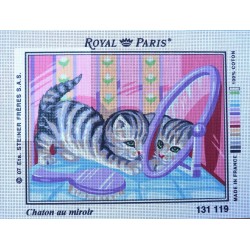 canevas 30X40 marque ROYAL PARIS thème chaton au miroir dimennsion 30 centimètres par 40 centimètres 100 % coton