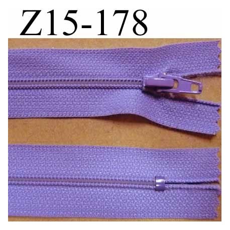 fermeture zip à glissière longueur 15 cm couleur parme lilas violine non séparable zip nylon largeur 2.5 cm largeur du zip 4 mm