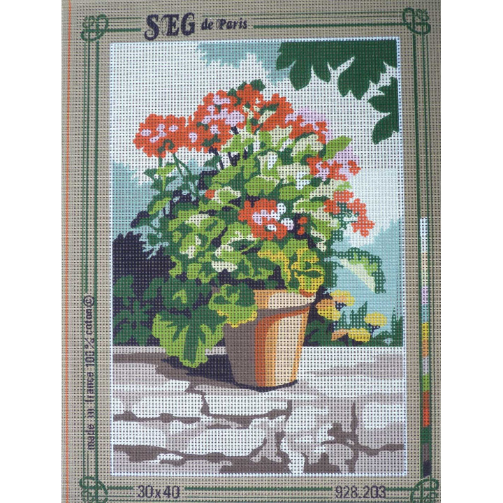 canevas 30x40 marque SEG DE PARIS thème fleurs en pot  dimension 30 centimètres par 40 centimètres 100 % coton