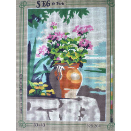 canevas 30x40 marque SEG DE PARIS thème fleurs en pot sur table  dimension 30 centimètres par 40 centimètres 100 % coton