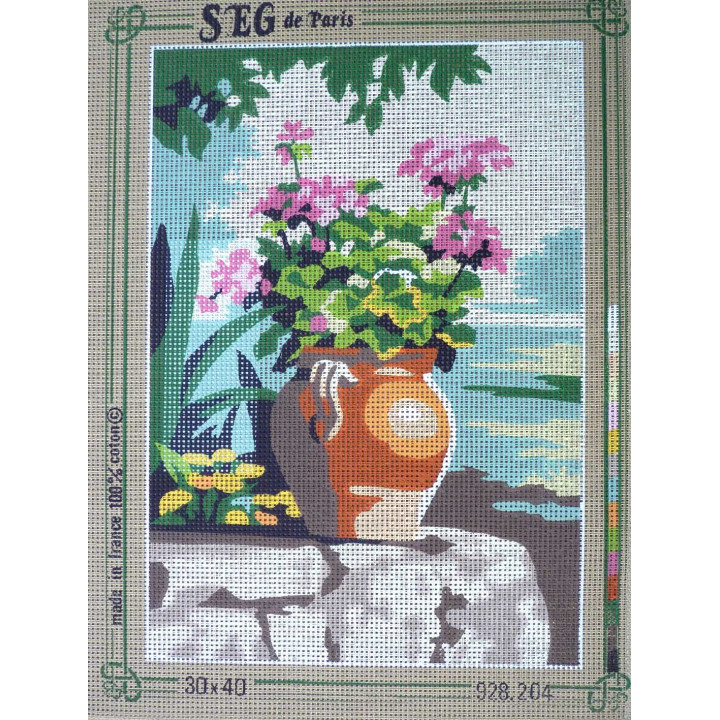 canevas 30x40 marque SEG DE PARIS thème fleurs en pot sur table  dimension 30 centimètres par 40 centimètres 100 % coton