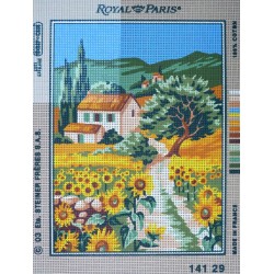 canevas 30X40 marque ROYAL PARIS thème tournesols en campagne dimension 30 centimètres par 40 centimètres 100 % coton